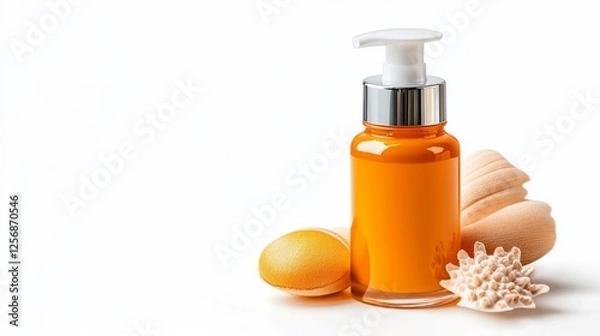 Fototapeta Orange Cosmetic Pump Bottle on White Background with Shells and Sponge. Generative AI