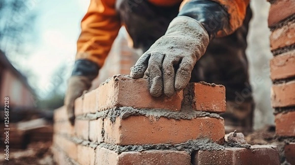 Fototapeta Construction worker laying bricks and building a wall on construction site