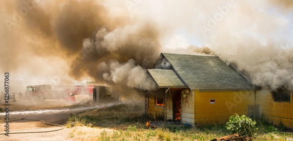 Fototapeta Firefighters use full size buildings for true life training.