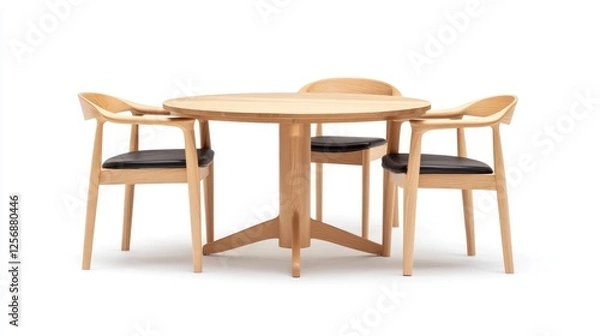 Fototapeta Round wooden dining table with four chairs, white background, home decor