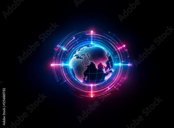Fototapeta A glowing globe is encircled by vibrant neon lights, radiating energy on a dark backdrop.  Blue and pink hues highlight the planet, creating a futuristic and technological feel.