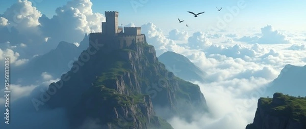 Fototapeta A fortress wall high in the mountains, with clouds floating below