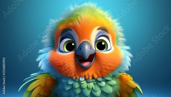 Fototapeta Niedlicher kleiner bunter Papagei, blauer Hintergrund