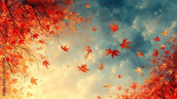 Fototapeta Vibrant autumn leaves falling against a bright sky, creating a serene and colorful landscape