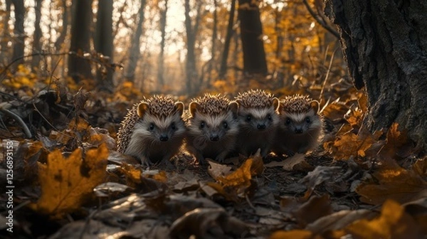 Obraz Four hedgehogs exploring a forest floor covered in orange leaves during autumn