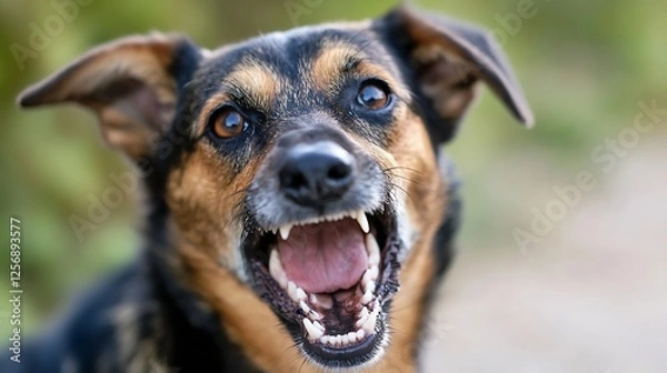 Fototapeta Angry dog showing teeth with a fierce expression in an outdoor setting blurred in the background : Generative AI
