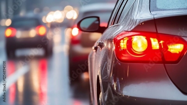 Fototapeta Traffic flow in city streets captured in rain with blurred headlights and taillights creating a moody atmosphere : Generative AI
