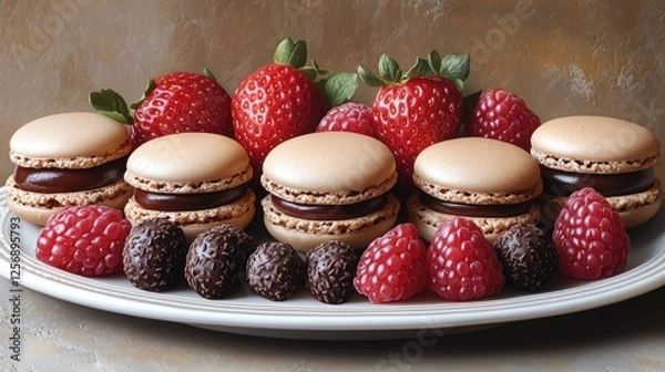 Fototapeta A beautifully arranged platter of macarons and fresh berries on a textured background