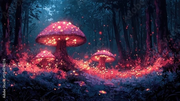 Fototapeta Enchanted forest scene featuring glowing mushrooms amidst vibrant flora and soft lighting