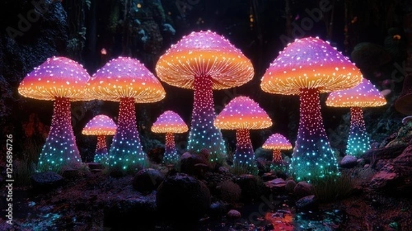 Fototapeta Vibrant, glowing mushrooms illuminate a mystical forest, surrounded by colorful flora and fauna