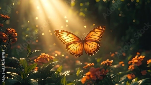 Fototapeta A vibrant butterfly gracefully hovering over colorful flowers in a sunlit forest, evoking serenity