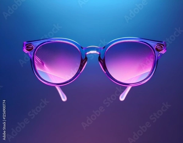 Fototapeta A surreal digital illustration of a pair of purple glasses floating in mid-air, reflecting scenes of gender equality and female empowerment. The lenses glow with a soft neon effect, symbolizing the fe