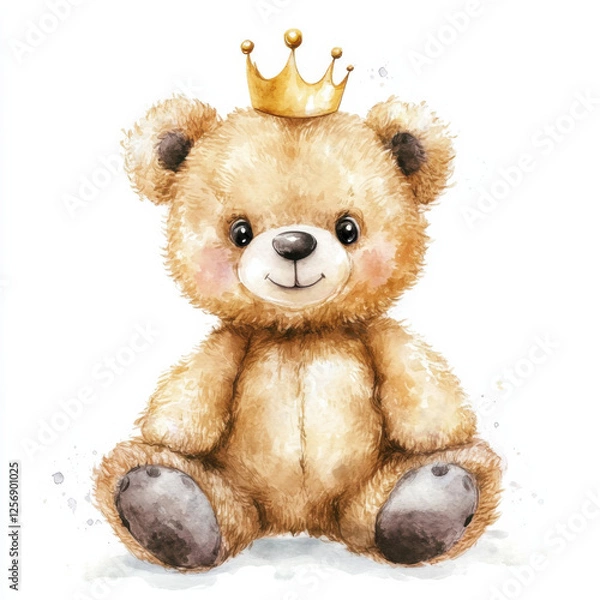 Fototapeta A delicate watercolor-style teddy bear wearing a crown, perfect for children's invitations, nursery decor, and baby shower designs. This soft and charming illustration features a white background.