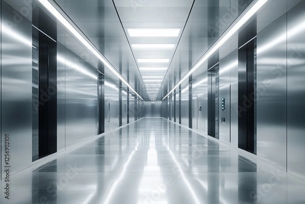 Fototapeta Futuristic Metal Corridor: Sleek Elevators and Bright Lighting Design, Modern Architecture Showcase
