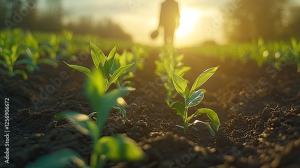 Fototapeta Farmer walking through vibrant green crop field at sunset, carrying tools, with soft sunlight