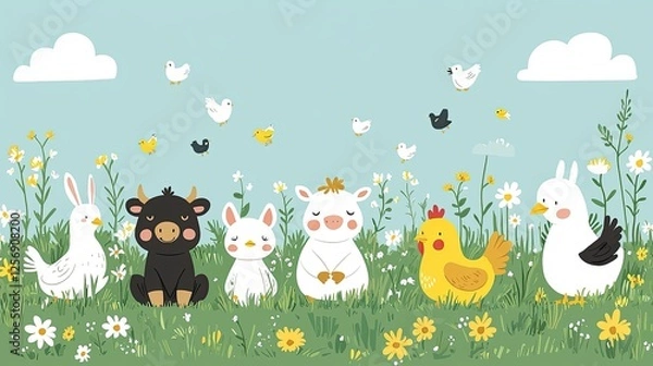 Fototapeta Colorful cartoon animals sitting in a sunny meadow surrounded by flowers and birds