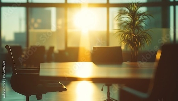 Fototapeta Office Sunset: Golden Hour Illuminates Empty Conference Room, Modern Workspace with Plants, Tranquil Atmosphere