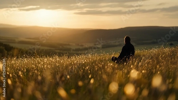 Obraz Contemplative individual sitting amidst a beautiful golden sunset in an open field : Generative AI