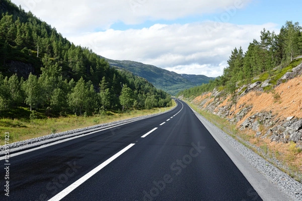 Fototapeta       There is a long highway with a car on it that is winding