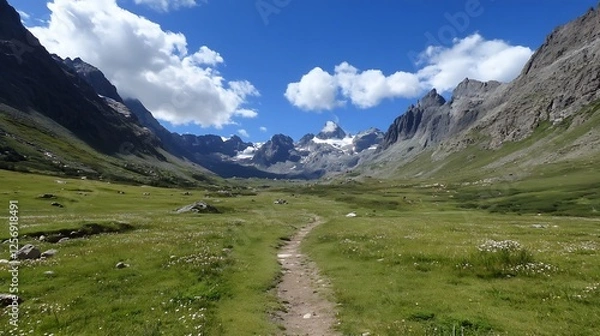 Fototapeta Majestic Mountain Valley with a Winding Path Surrounded by Tall Peaks Under a Blue Sky : Generative AI