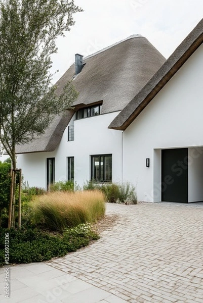 Fototapeta Modern architectural design featuring a unique thatched roof home surrounded by lush landscaping in a tranquil suburban setting