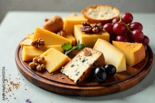 Obraz A delightful arrangement of assorted cheeses, complemented by grapes, nuts, and bread crisps, artfully presented on a rustic wooden board for an elegant culinary experience.