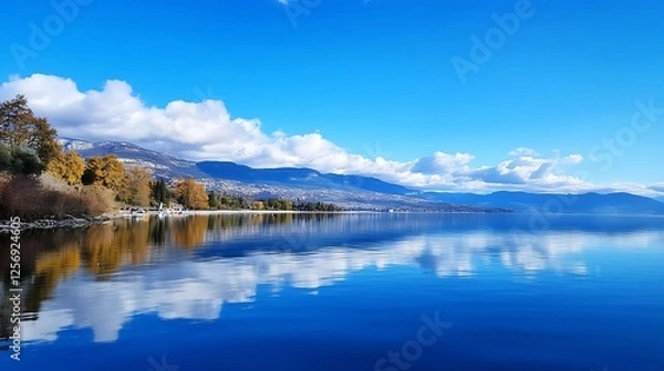 Fototapeta Stunning landscape view of a serene lake reflecting mountains and clouds under blue sky : Generative AI