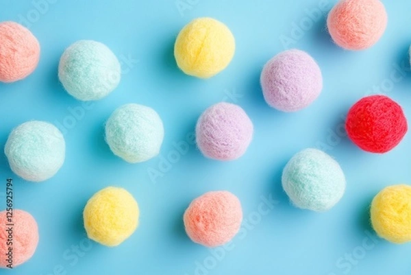 Fototapeta Colorful Fluffy Balls Arranged on Blue Background: A Delightful Pastel Scene