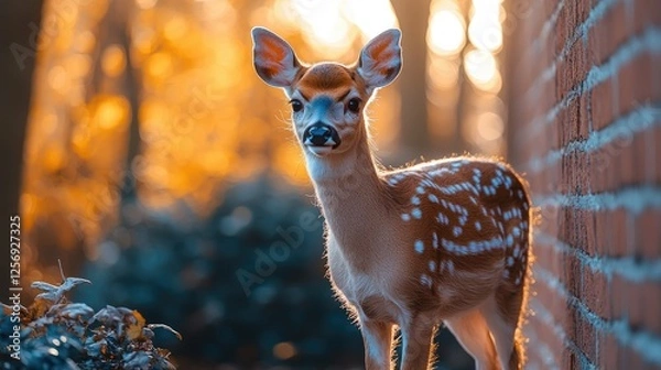 Fototapeta Young deer stands beside a brick wall, surrounded by autumn foliage and soft sunlight