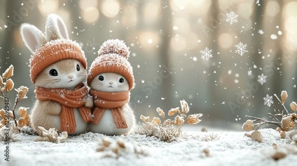Fototapeta Two adorable winter-themed animals wearing orange hats and scarves in a snowy forest setting