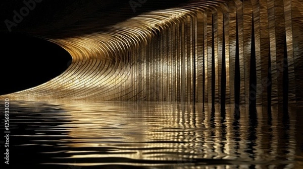 Obraz Surreal Interior Reflection of Golden Waves and Vertical Columns in Dark Water Environment