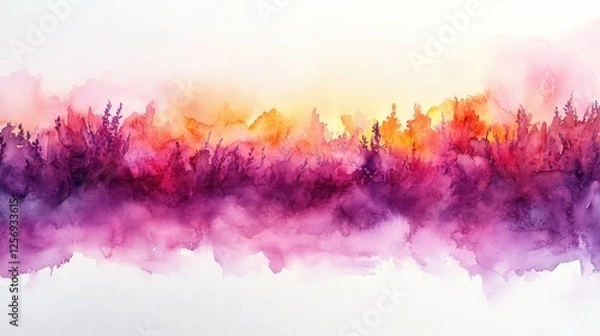 Fototapeta Vibrant watercolor landscape depicting a sunset over a forest with rich colors and textures