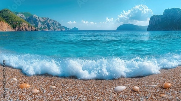 Fototapeta Serene beach scene with gentle waves, colorful shells, and distant mountains under a clear sky