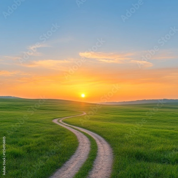 Fototapeta Serene Sunrise Over Rolling Fields with a Winding Dirt Path