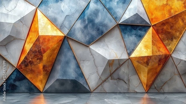 Fototapeta Abstract geometric wall design featuring gold and blue tones with a modern artistic flair
