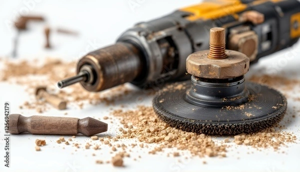 Obraz Close up drill scene of a used drill machine the parts are scattered, with a white background, creating a sense of visual balance on a clean background. The photograph is of an overhead shot of the