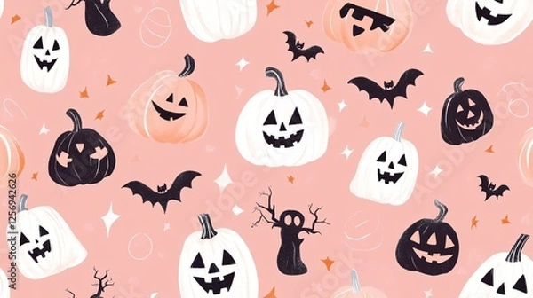 Fototapeta Seamless pattern with halloween pumpkins and bats flying on a pink background