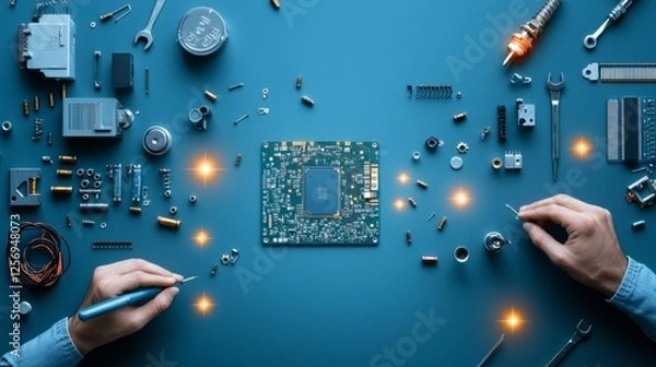 Fototapeta Hands-on electronics repair detailed circuit board analysis and assembly workshop environment close-up viewpoint technology innovation