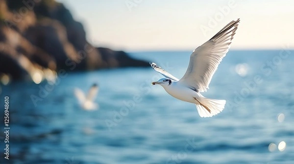 Fototapeta Seagull gracefully soaring above sparkling ocean waters during a sunny day in coastal scenery : Generative AI