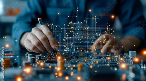 Obraz Innovative technology workshop electronics lab professional development digital environment close-up view circuit design concepts for engineers