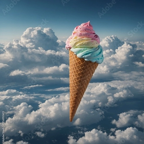 Fototapeta A surreal ice cream cone floating in the clouds.