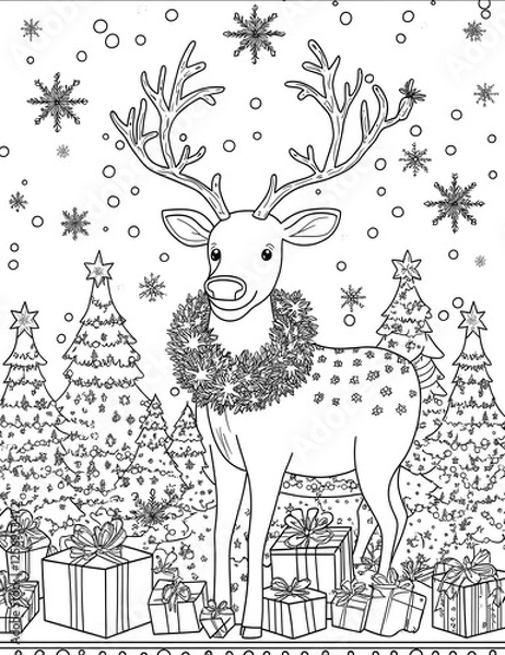 Fototapeta bw Reindeer with a Christmas wreath around its neck surrounded by gifts snowflakes falling gently trees decorated with lights festive and friendly coloring boo