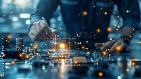 Obraz Innovative technology development engineering lab digital creation high-tech workspace close-up view futuristic science exploration