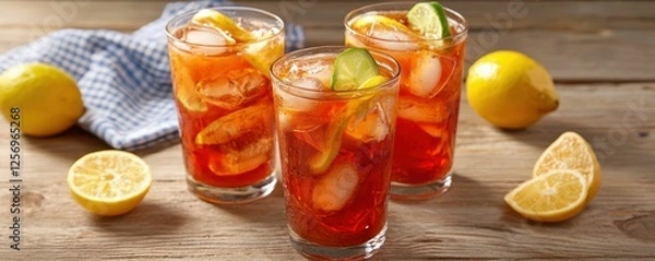 Fototapeta Refreshing Iced Tea with Lemon and Lime Slices Drinks