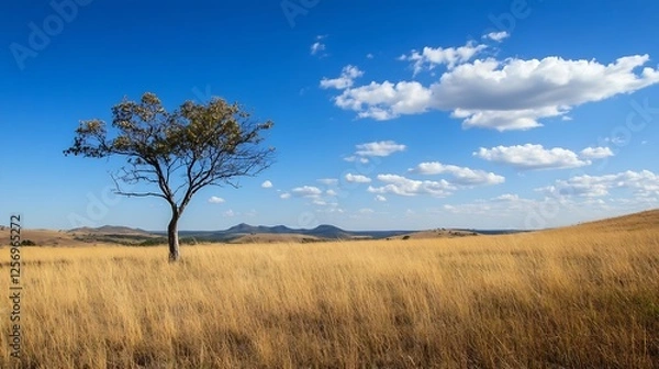Fototapeta Lone tree standing tall in a vast golden field under a bright blue sky : Generative AI