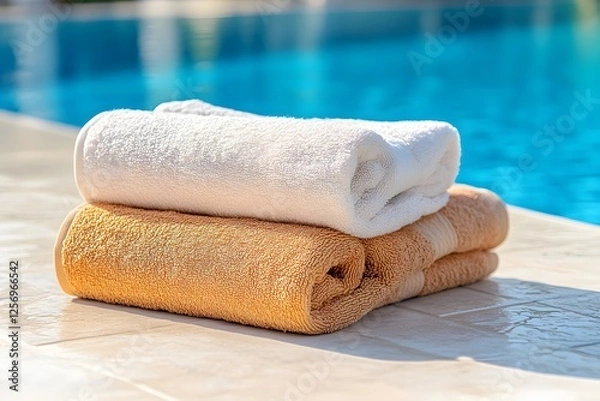 Fototapeta Close-up of two towels on sun loungers by the pool, with a swimming pool in the background filled with blue water and sunlight, at a luxurious hotel resort