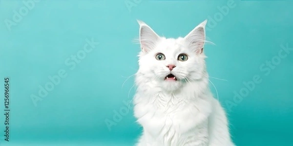 Fototapeta Fluffy White Maine Coon Cat with Surprised Expression on Turquoise Background