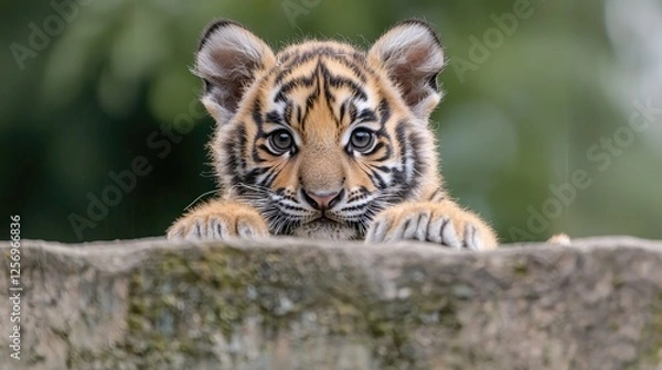 Fototapeta Cute Tiger Cub Peeking Over Rock, Natural Setting