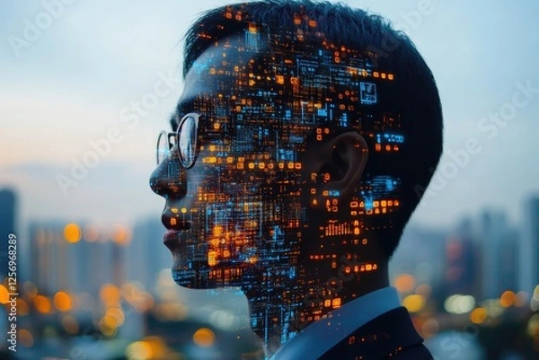 Fototapeta Futuristic Digital Identity Concept with a Tech-Infused Profile Against Cityscape