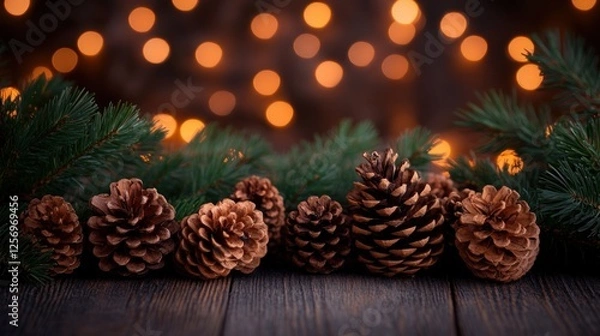 Fototapeta Festive pinecones arranged on a wooden surface, illuminated by warm bokeh lights in the background